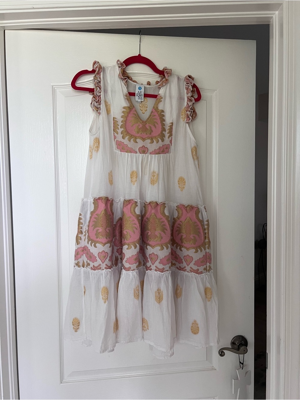 aerie White Mini Dress with Pink & Gold Folk Embroidery